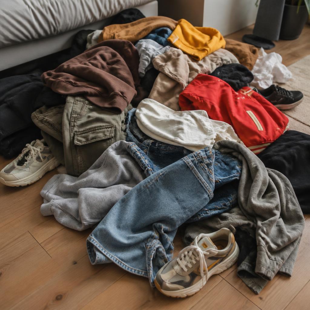 Unsorted pile of hoodies, tees, denim, cargos and sneakers on a bedroom floor