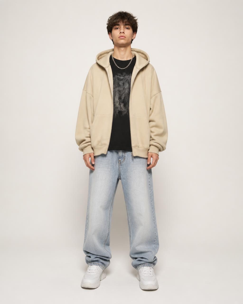 Model wearing a complete streetwear look built from the uploaded wardrobe