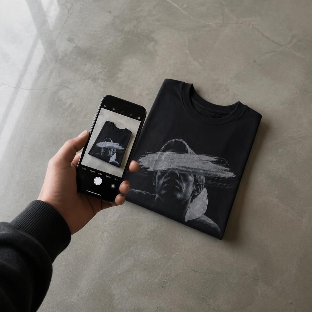Phone photographing a folded graphic tee on a concrete floor